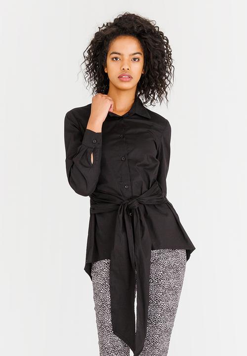 edit - Long-sleeve Button Down Shirt with Ties Black