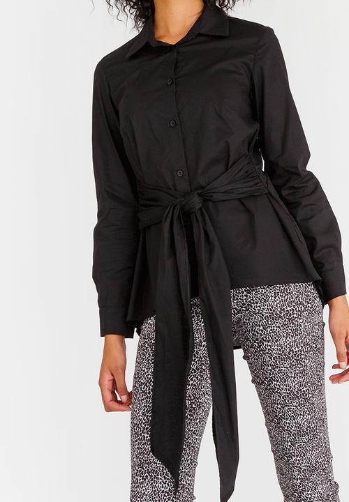 edit - Long-sleeve Button Down Shirt with Ties Black