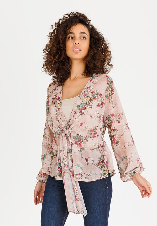 edit - Peplum Tie Front Blouse with Inner Cami Multi-colour