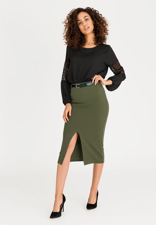 edit - High-waisted Pencil Skirt with Detachable Belt Khaki Green