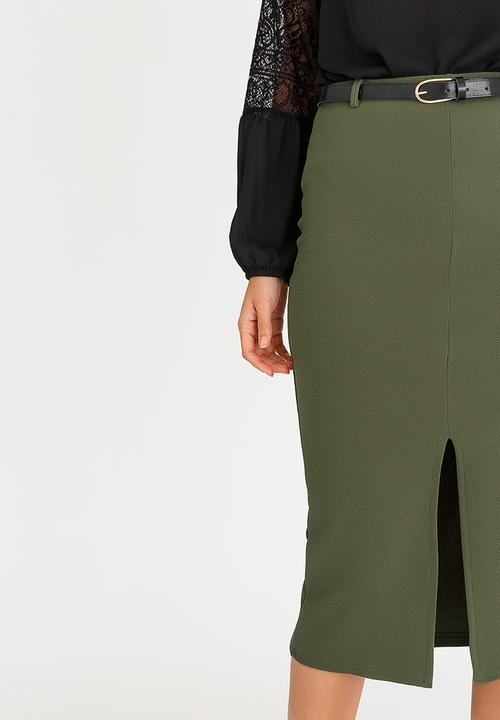 edit - High-waisted Pencil Skirt with Detachable Belt Khaki Green