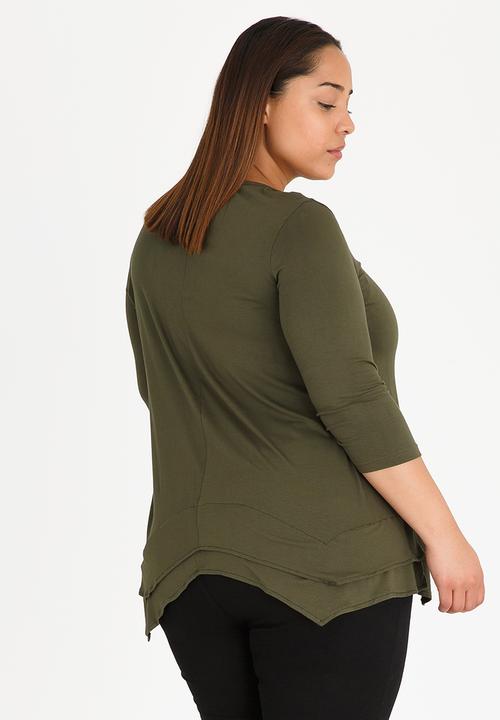 STYLE REPUBLIC PLUS - Double Layer Hanky Hem T-Shirt Khaki Green