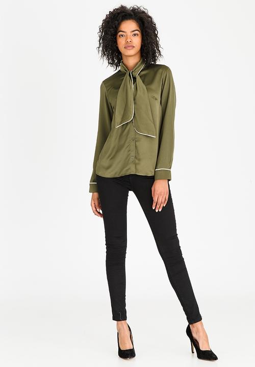 edit - Kitty Bow Blouse with Piping Detail Khaki Green