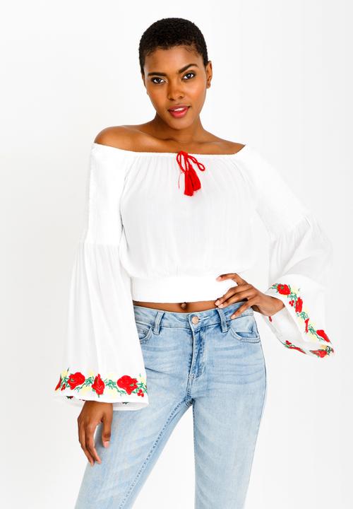 Brave Soul - Embroidered Sleeve Top Cream