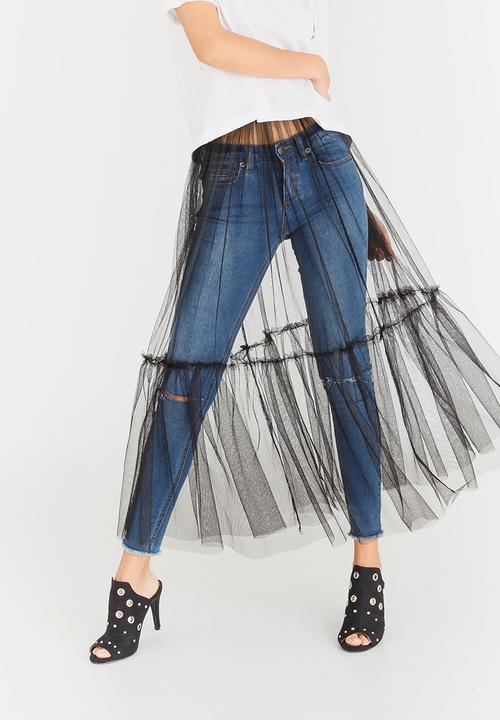 c(inch) - Tiered Mesh Overlay Skirt Black