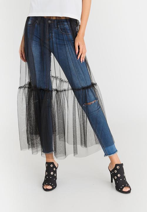 c(inch) - Tiered Mesh Overlay Skirt Black