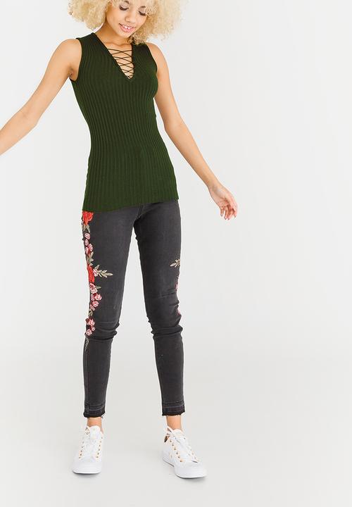 c(inch) - Ribbed Lace Up Top Dark Green