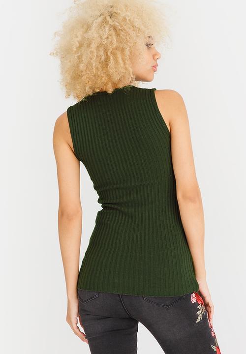 c(inch) - Ribbed Lace Up Top Dark Green