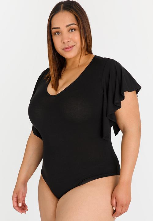 STYLE REPUBLIC PLUS - Frill Sleeve Bodysuit Black