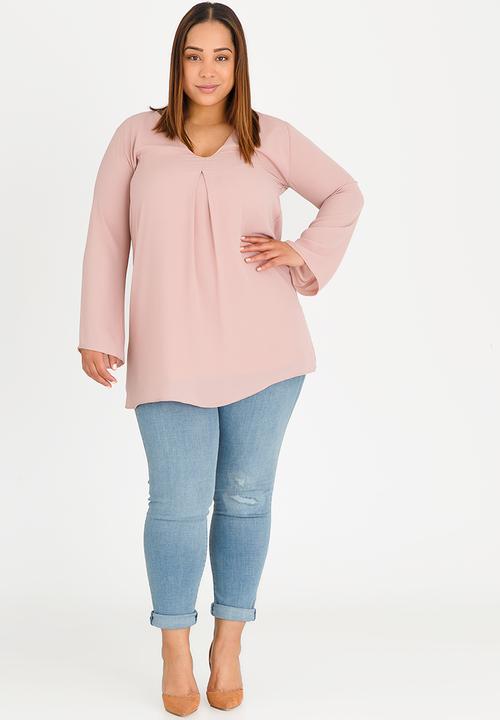 edit Plus - Inverted Pleat Tunic with V Neck Pale Pink
