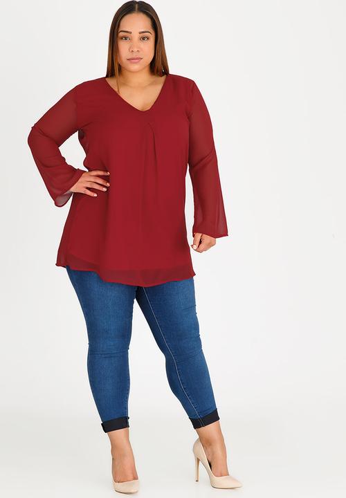 edit Plus - Inverted Pleat Tunic with V Neck Red