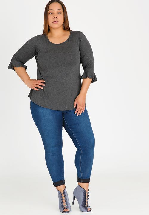 edit Plus - 3/4 Sleeve Frill T-Shirt Dark Grey