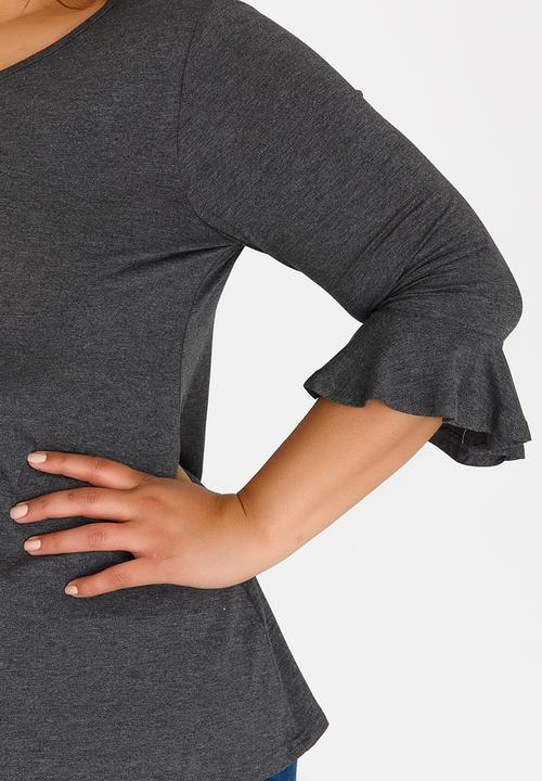 edit Plus - 3/4 Sleeve Frill T-Shirt Dark Grey
