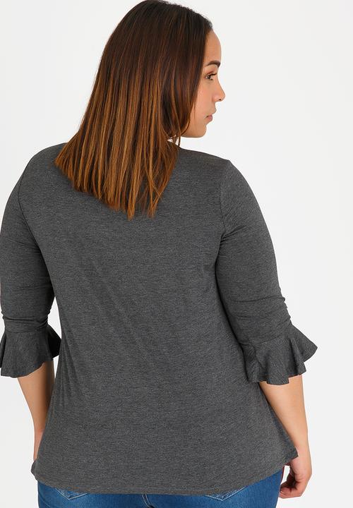 edit Plus - 3/4 Sleeve Frill T-Shirt Dark Grey