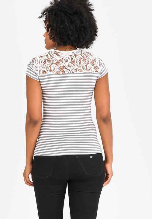 edit Maternity - Lace Inset Stripe T-shirt Grey Melange