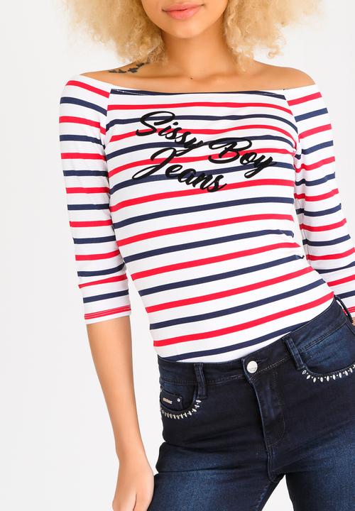 SISSY BOY - Edina Striped Bardot Top Navy & White