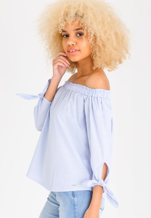 SISSY BOY - Ready Set Go Striped Bardot Top Blue and White