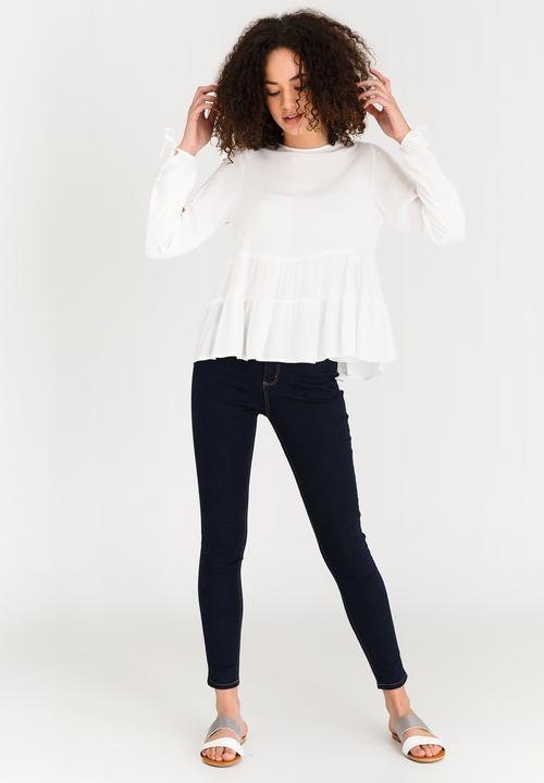 edit - Long-sleeve Tiered Blouse with Tie Detail Cream