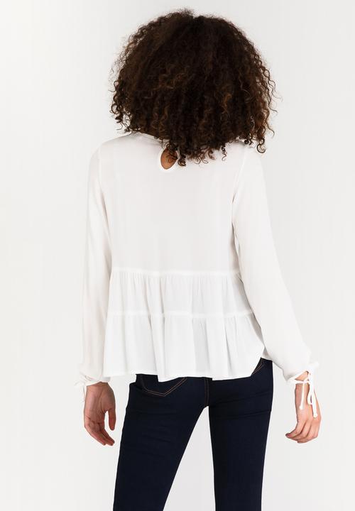 edit - Long-sleeve Tiered Blouse with Tie Detail Cream