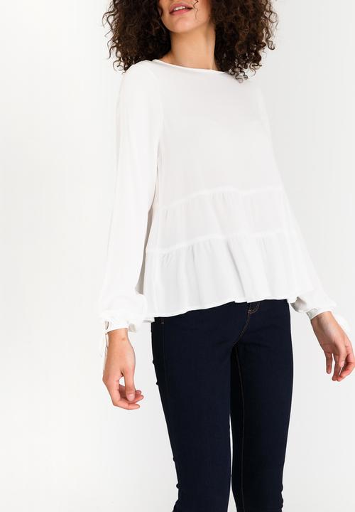 edit - Long-sleeve Tiered Blouse with Tie Detail Cream