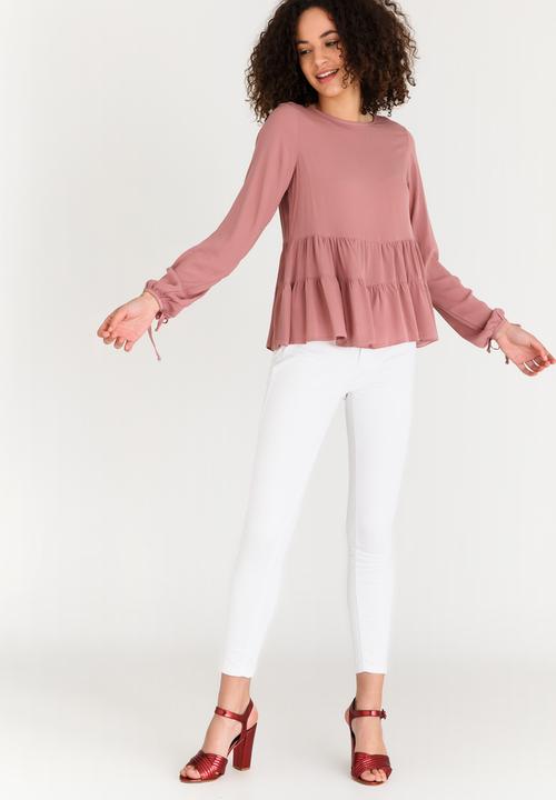 edit - Long-sleeve Tiered Blouse with Tie Detail Mid Pink