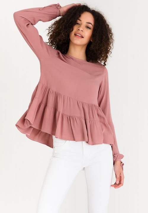edit - Long-sleeve Tiered Blouse with Tie Detail Mid Pink