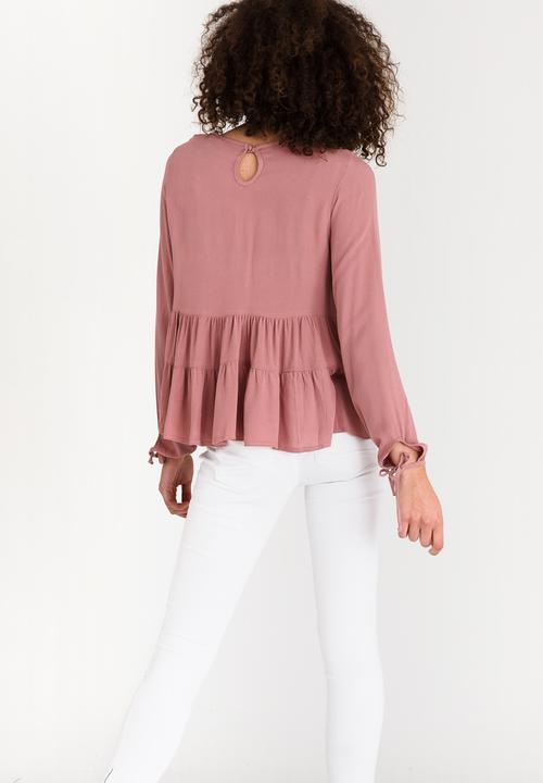 edit - Long-sleeve Tiered Blouse with Tie Detail Mid Pink