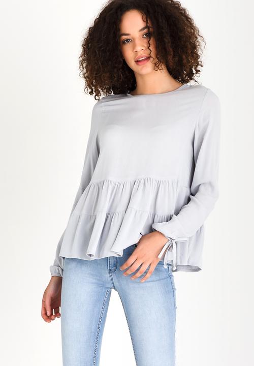 edit - Long-sleeve Tiered Blouse with Tie Detail Grey