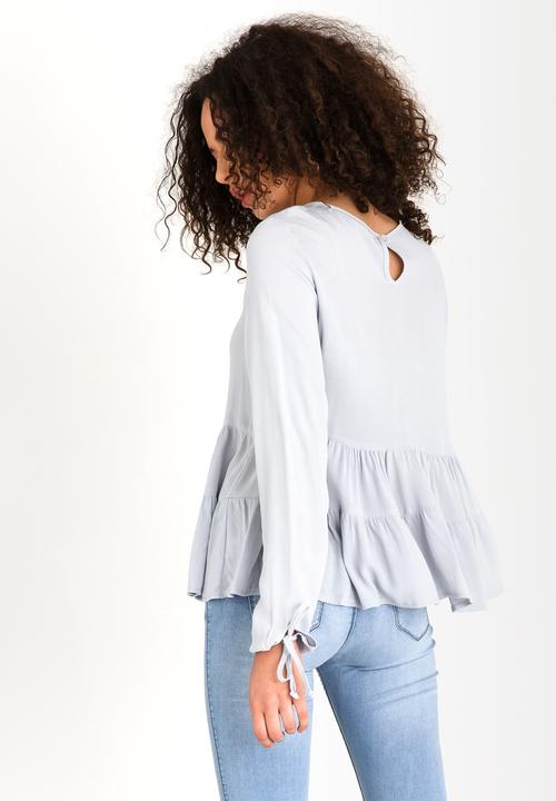 edit - Long-sleeve Tiered Blouse with Tie Detail Grey
