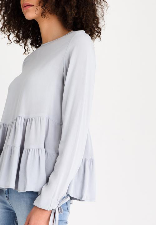 edit - Long-sleeve Tiered Blouse with Tie Detail Grey