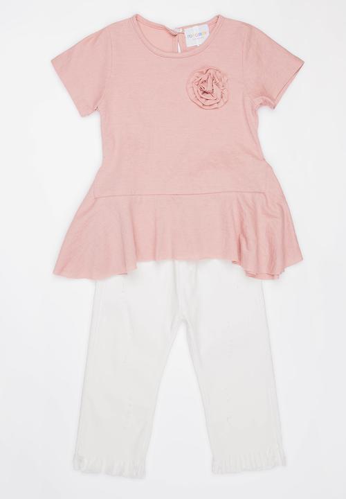 Pop Candy - Blouse with 3/4 pant set - pink & white 