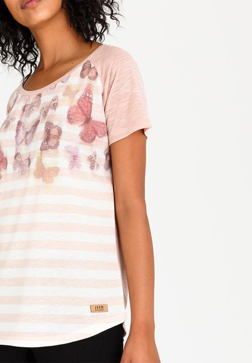 JEEP - Butterfly Printed Striped Tee Peach