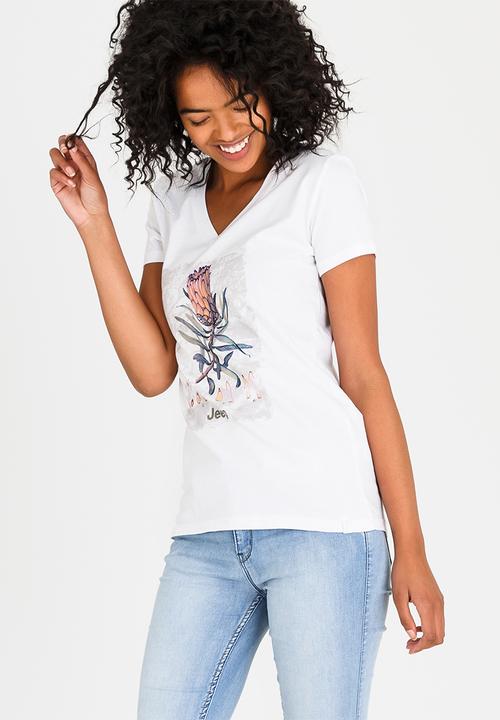 JEEP - Botanical Printed V-neck Tee White