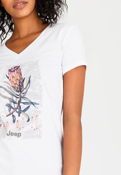 JEEP - Botanical Printed V-neck Tee White