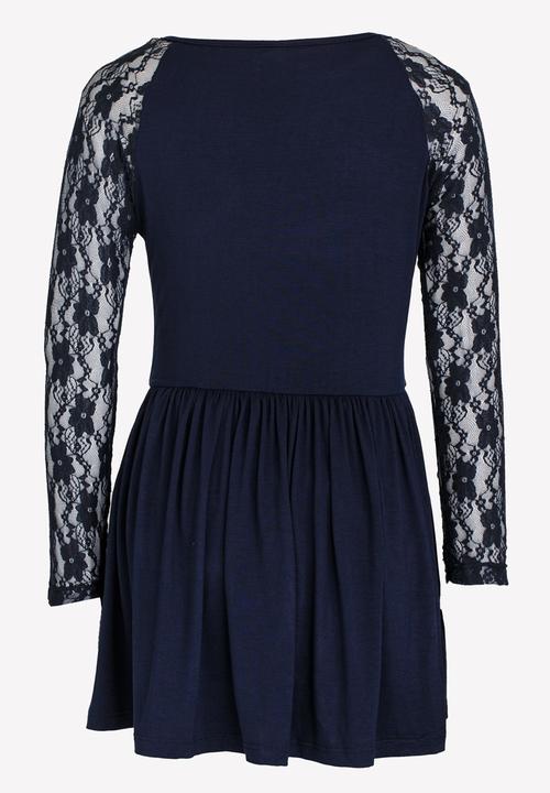 Rebel Republic - Hi-low Lace Sleeve Dress Navy