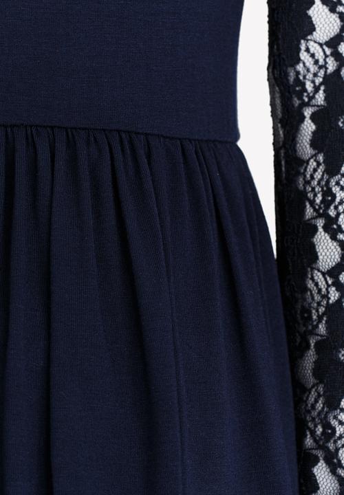 Rebel Republic - Hi-low Lace Sleeve Dress Navy