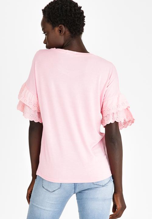 edit - T-shirt with Frilly Lace Sleeves Mid Pink