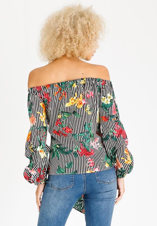 STYLE REPUBLIC - Ruched Sleeve Striped Bardot Blouse Black and White