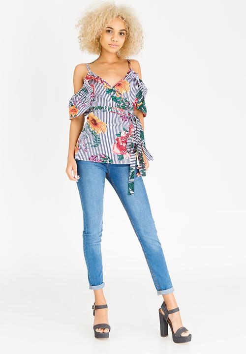 STYLE REPUBLIC - Cold Shoulder Wrap Blouse Multi-colour