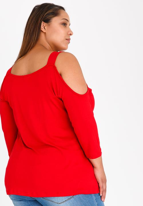 edit Plus - Broad Strap Cold Shoulder Tshirt Red