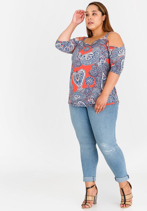edit Plus - Broad Strap Cold Shoulder Tshirt Multi-colour