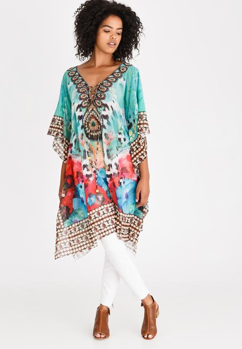 cath.nic - Printed Jewelled Kaftan Top Green