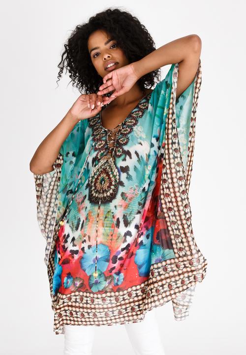 cath.nic - Printed Jewelled Kaftan Top Green