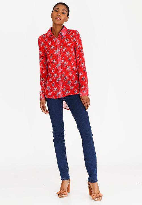 edit - Long Sleeve Button Down Blouse Red