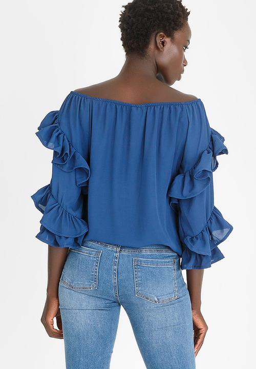 STYLE REPUBLIC - Off the Shoulder Frill Blouse Dark Blue