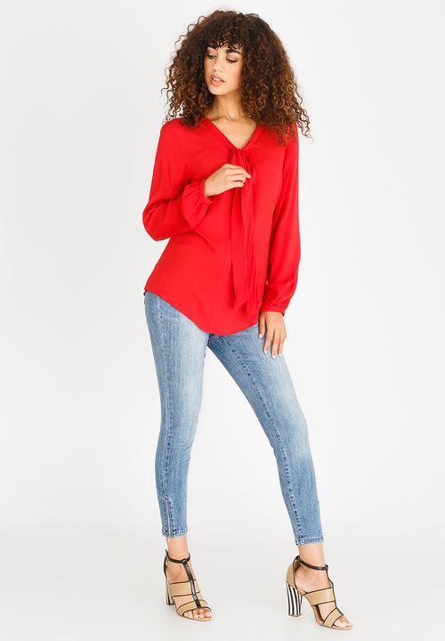 edit - Long Sleeve Kitty Bow Blouse Red