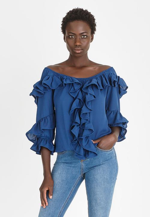 STYLE REPUBLIC - Off the Shoulder Frill Blouse Dark Blue