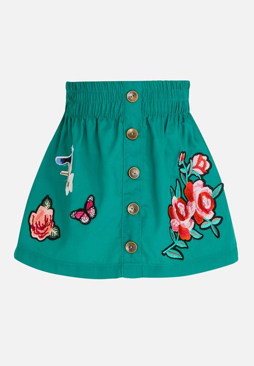 See-Saw - Button Through A-Line Skirt with Applique Green