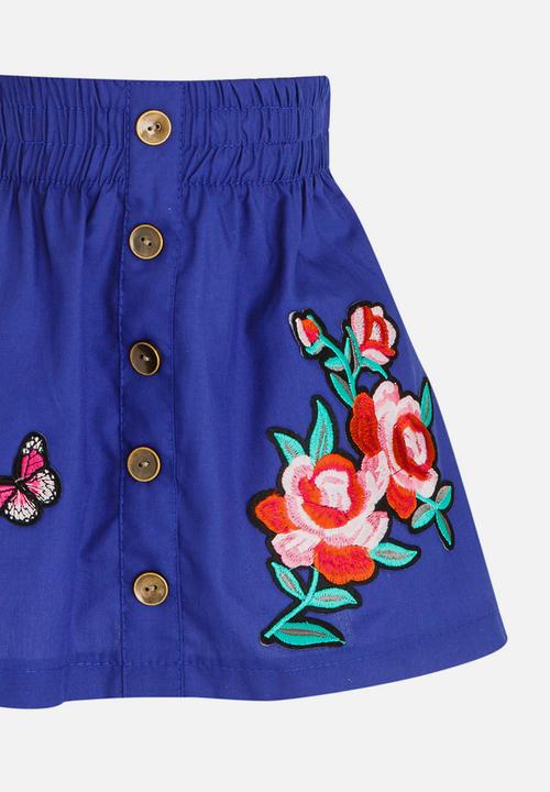 See-Saw - Button Through A-Line Skirt with Applique Navy