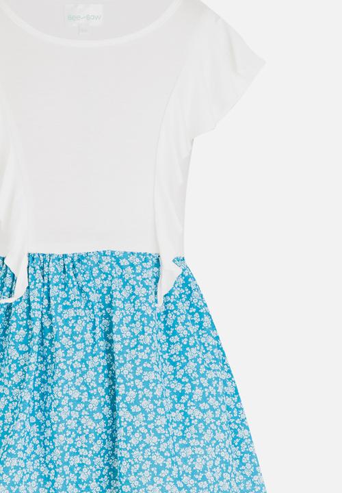 See-Saw - Combo Dress with Side Front Ruffles White